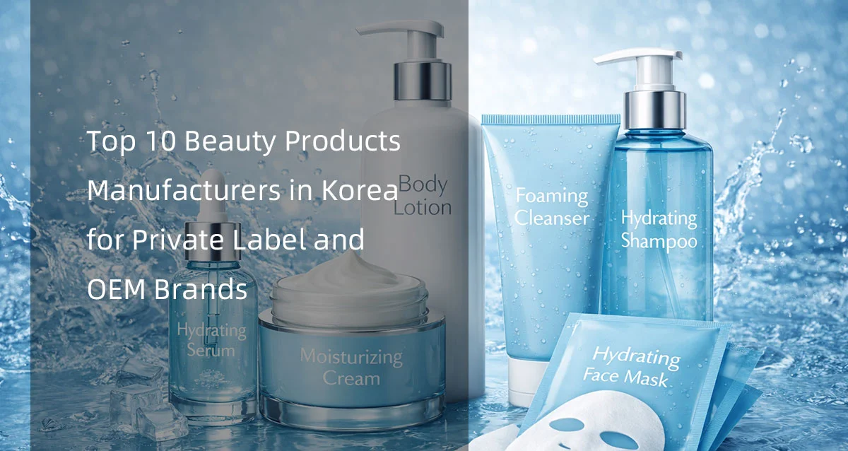 Collection of Korean beauty products including lotion, serum, cream, cleanser, shampoo, and face mask with text about manufacturers.